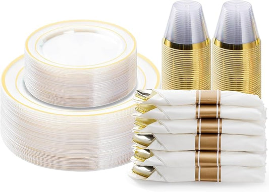 BESTVIP 175PCS Clear Gold Plastic Dinnerware Set, Disposable Party Plates for 25 Guests, Include: 50 Plastic Plates, 25 Pre Rolled Napkins with Silverware, 25 Cups for Christmas, Halloween