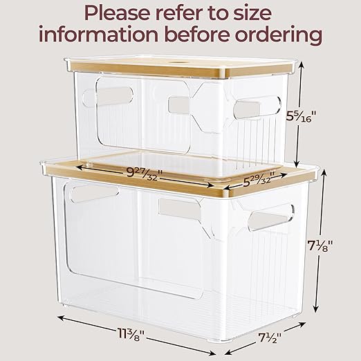 Delamu 2 Pack Acrylic Trash Bag Holder, Stackable Garbage Bag Dispenser with Bamboo Lid, Clear Organizer Bins for Under Sink Organization, Pantry Storage, Cabinet, Kitchen, Laundry, Bathroom