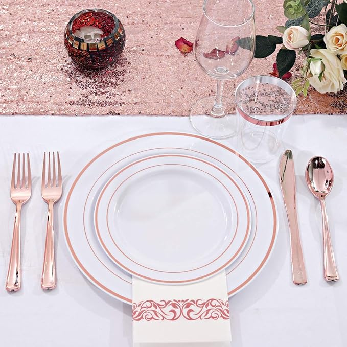 WDF 120 pieces Rose Gold Plates Disposable - Heavy Duty Rose Gold Plastic Plates Perfect for Valentines Day, Mother's Day, Wedding, Birthday
