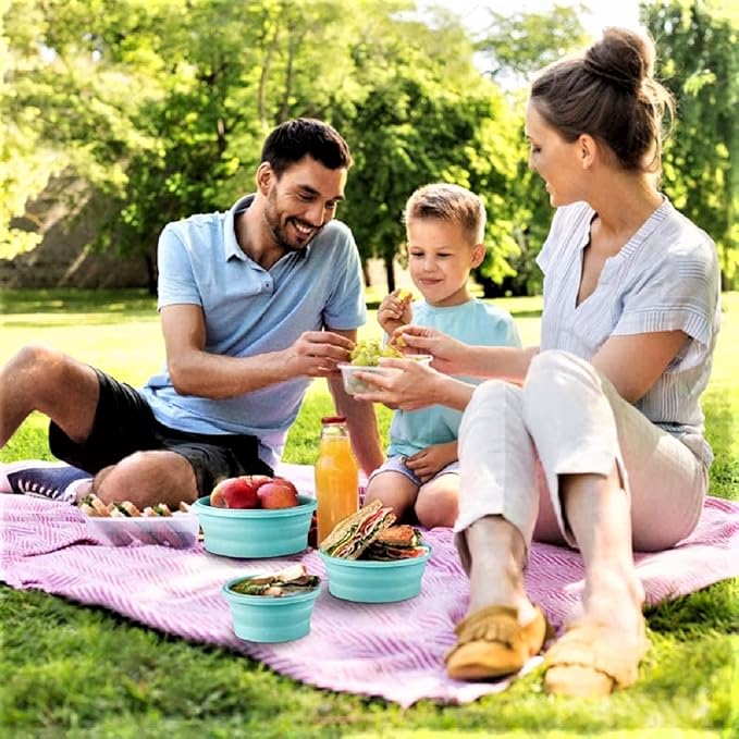 Collapsible Bowls For Camping, Set of 4 Silicone Food Storage Containers with Lids, Rv storage and organization, Rv Kitchen Accessories, BPA Free, Microwavable, Freezer, Dishwasher Safe (Round-Blue)