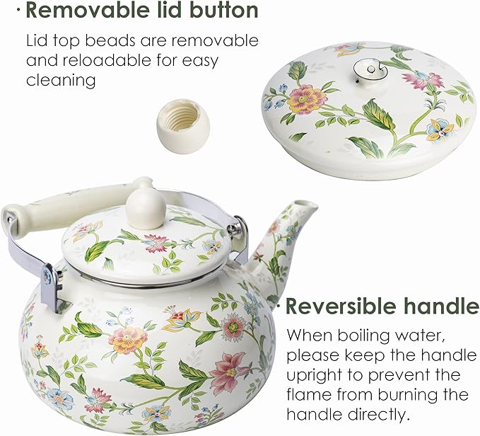 Enamel Teapot floral,Large Porcelain Enameled Teakettle,Colorful Water Tea Kettle pot for Stovetop,Small Retro Classic Design (style01 Growing)