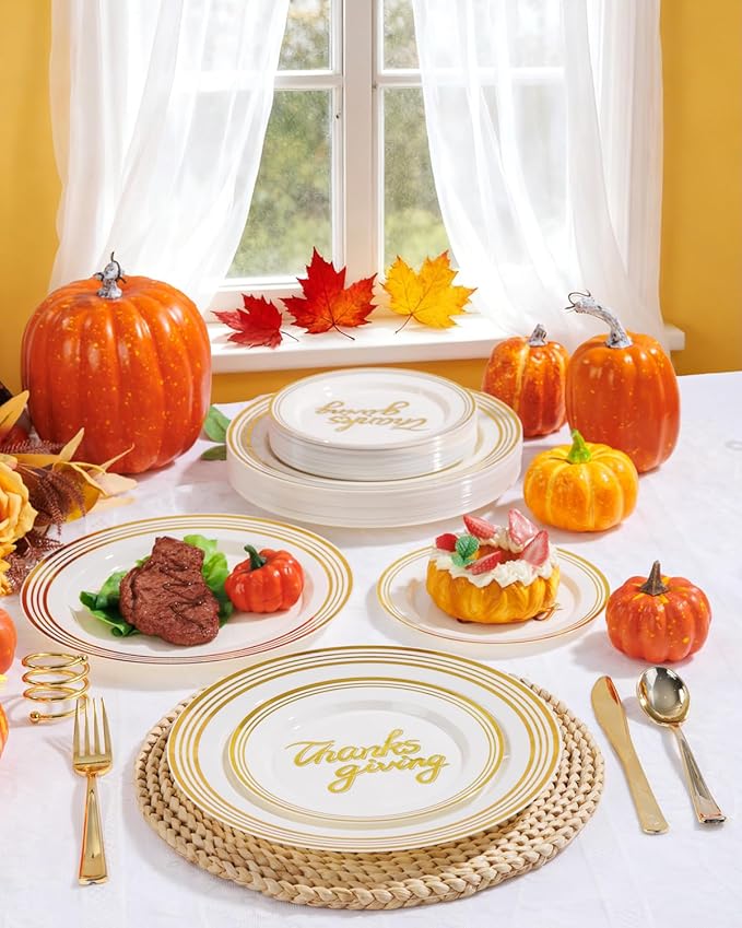 Supernal 60pcsThanksgiving Plastic Plates Disposable Heavy duty,Fancy Disposable Plates,Ivory Plastic Plates with Gold Trim Include 30 Dessert&Dinner Plato for Fall,Party and thanksgiving dinner