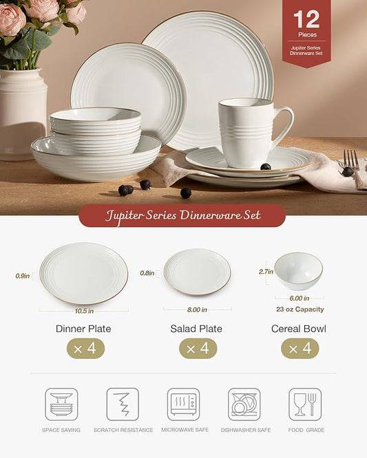 Famiware Jupiter Dinnerware Set, Plates and Bowls Dish Sets for 4 (12 Pieces), Microwave and Dishwasher Safe Stoneware Speckled Tableware, Chip and Scratch Resistant, White