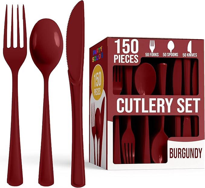 Party Solids Burgundy Plastic Silverware Heavy Duty 150 Pieces Burgundy Disposable Silverware Heavy Duty, Utensil Sets, 50 Of Each Forks, Knives & Spoons Disposable Cutlery Set For Party Supplies