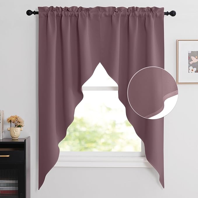 NICETOWN Swag Curtains for Living Room, Room Darkening Short Window Curtains for Kitchen Elegant Waterfall Curtain Shades for Kids Nursery Baby Room, 2 Panels, 36" x 63" x 18" per Panel, Dry Rose