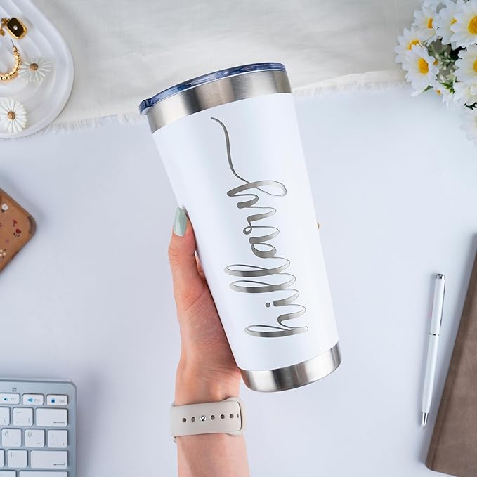 Updated, Personalized Tumblers, Stainless Steel 30 oz Tumbler w/Lid |13 Designs| Personalized Cups Double Walled Insulated Coffee Cup for Travel, Fitness | Hot & Cold Drink Use - White
