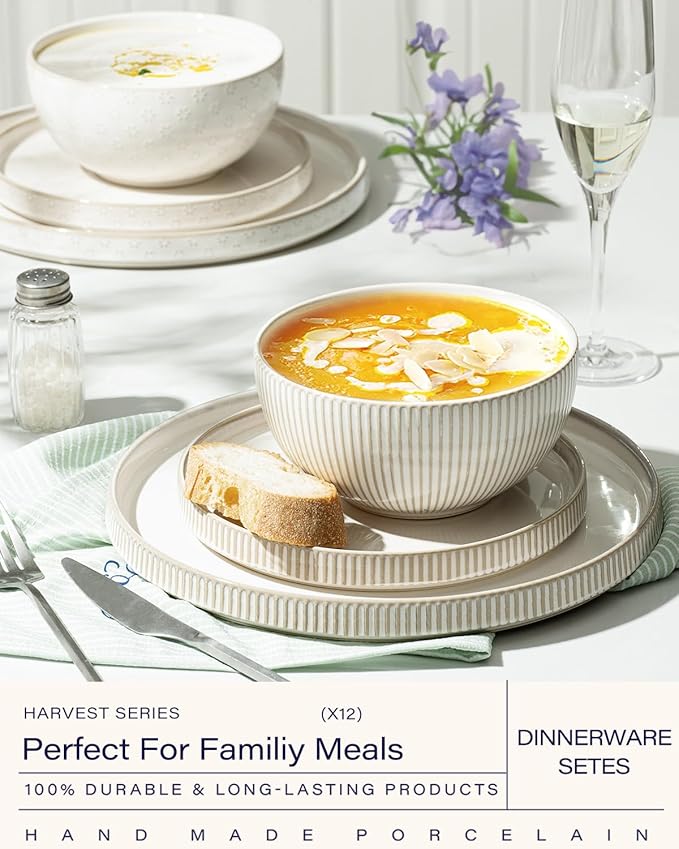 getstar Dinnerware Sets, Plates and Bowls Sets (10.5” Dish + 8” Dish + 6” Bowl) for 4, Microwave and Dishwasher Safe, Ceramic Dinnerware Set (12 Piece)