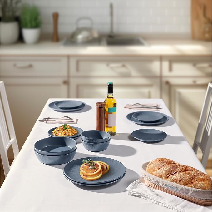 Navaris Linen Artisan Stoneware Dinnerware Set - 18 Pieces in Smoky Blue: Dinner Plates, Side Plates, Pasta Bowls - Dishwasher & Microwave Safe