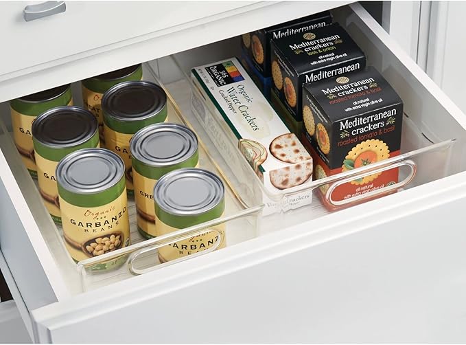 mDesign Slim Plastic Kitchen Pantry Cabinet, Fridge or Freezer Storage Bin with Handles - Organizer Containers for Fruit, Yogurt, Snacks, Pasta - 16" Long - Ligne Collection - 4 Pack - Clear