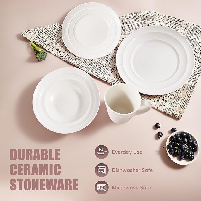 Modern Ceramic Dinnerware Set, 4-Piece, Mug, Bowl and Dinner Plates (White)
