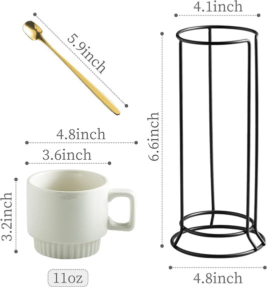 Coffee Mugs Set of 4, Stackable Coffee Cups with Holder Spoons 11oz Ceramic Espresso Cup for Cappuccino Latte Tea Drinks, Dishwasher & Microwave Safe, White