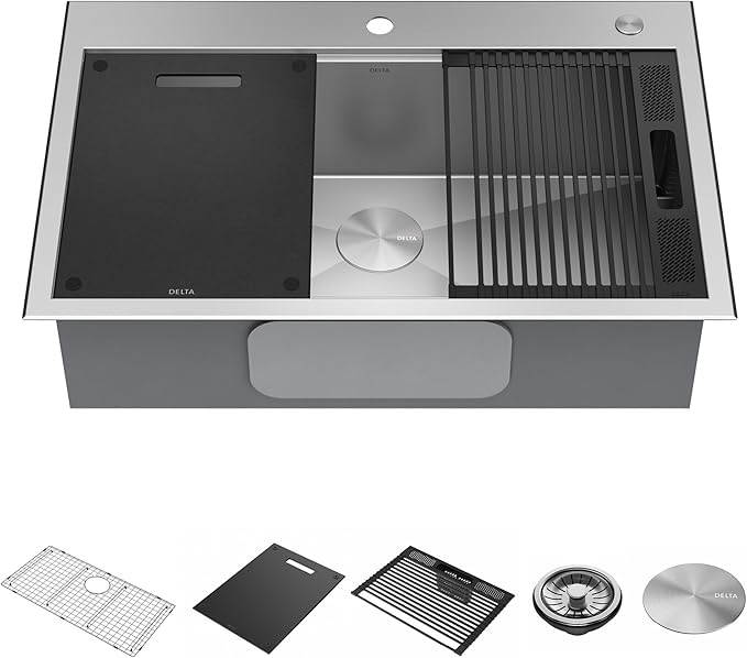 DELTA FAUCET DELTA Rivet 33-Inch Workstation Kitchen Sink Drop-In Top Mount 16 Gauge Stainless Steel Single Bowl with WorkFlow Ledge and Chef’s Kit of 5 Accessories, 95A931-33S-SS