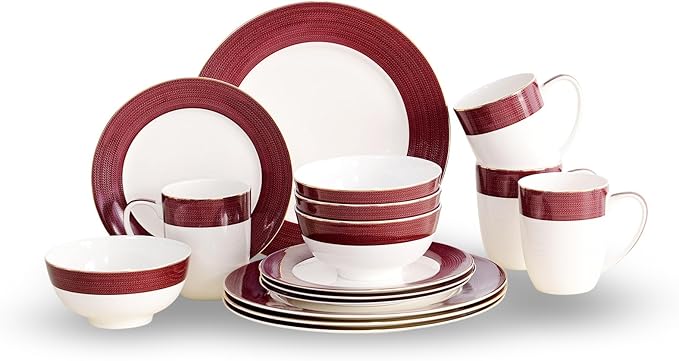16-Piece Fine Bone China Dinnerware Set, Dinner Plates,Bowls and Mugs Set, Dishware Set for 4, With Selected Christmas Premium Red and Green pattern, White Embossed Spot Ornament and Gold Rim