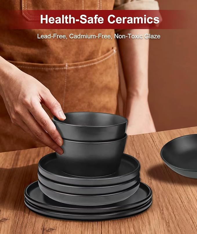 Matte Black Dish Plates and Bowls,16 Pieces Dinnerware Sets, Service for 4 Ceramic Dishware Dishes Set,Microwave and Dishwasher Safe