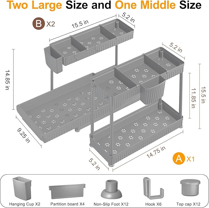 3 Pack Multi-Purpose Under Sink Organizers and Storage, 2025 L-Shaped Pull Out Cabinet Organizer for Bathroom & Kitchen, Under Cabinet Organizer with Hooks Hanging Cup, Grey, 14.85 inch