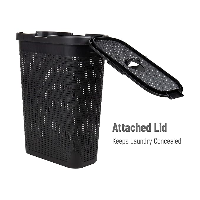 Mind Reader Slim Laundry Hamper with Lid, 40L Clothes Basket, Premium Wicker Design, Plastic, Set of 2, Black
