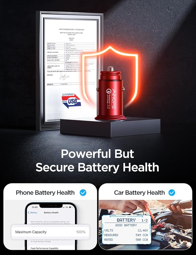Super Fast Car Charger USB Fast Charge AINOPE Android Car Charger Adapter 45W All Metal Lighter USB Charger Quick Charge for iPhone 15/14/13/12/11pro/x/8/Samsung S24/S23/S22/S22+/Ultra/S21/Note 9 Red