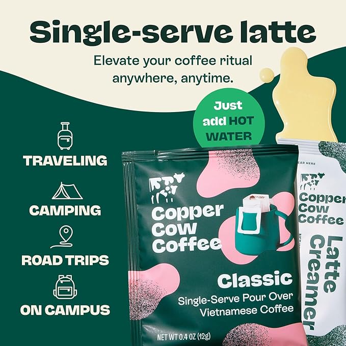 Copper Cow Vietnamese Coffee Variety Pack (15 Coffees & 15 Creamers)| Classic, Churro, & Vanilla Latte | Pour Over Single-Serve Lattes, No Refrigeration Needed, Travel Friendly Ground Coffee