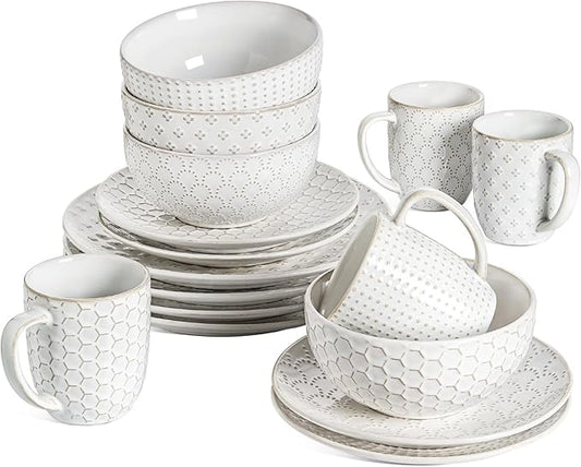 LE TAUCI 16 Piece Dinnerware Set, Arctic White, Stoneware Plates and Bowls With Mugs, Ideal for 4, Serve for 4, Stackable, Lead and Cadmium Free