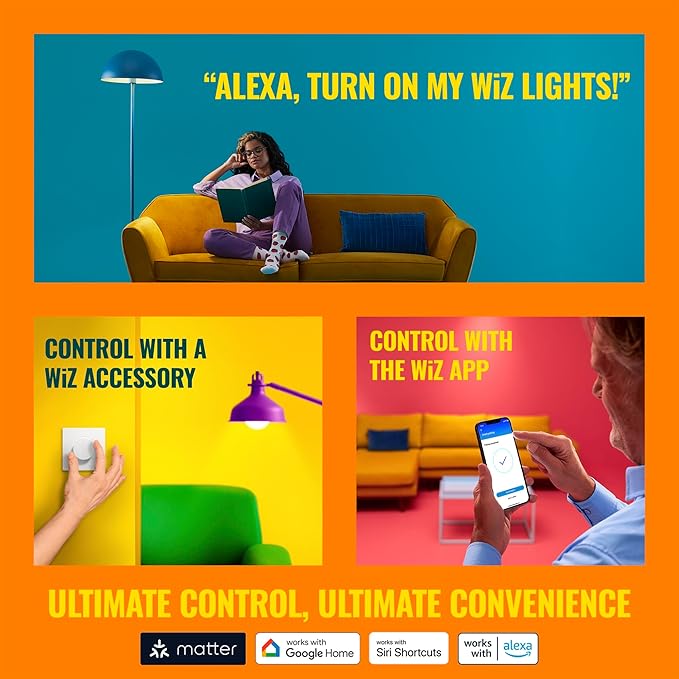 WiZ 65W BR30 Color LED Smart Bulb - Pack of 1 - E26- Indoor - Connects to Your Existing Wi-Fi - Control with Voice or App + Activate with Motion - Matter Compatible