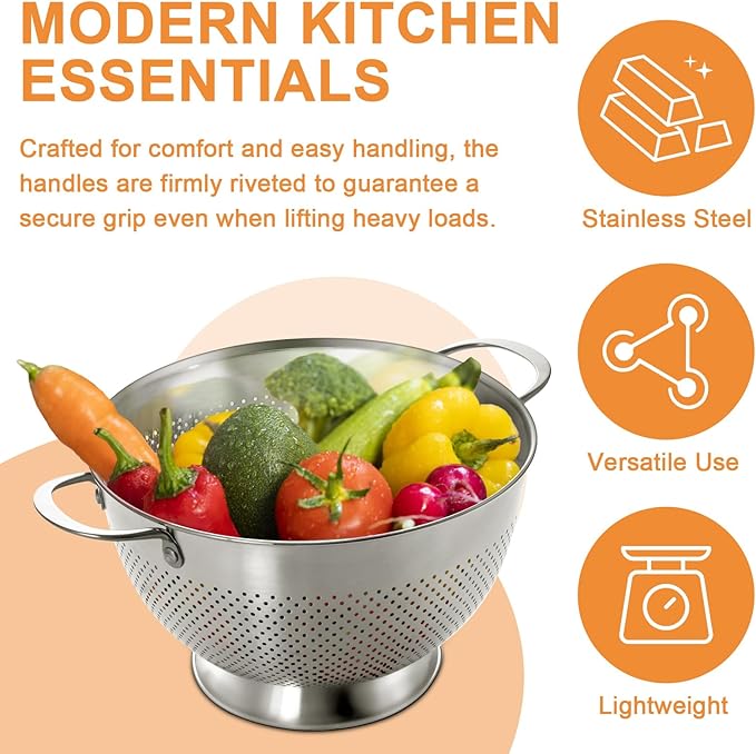 Stainless Steel Colander Set of 3 (1-3.5-5Quart) | Durable Rice and Pasta Strainer with Handle | Oversized Handles | Nesting Design | Rust-Resistant & Dishwasher Safe