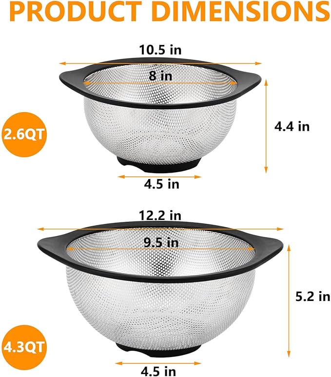 Rorence Stainless Steel Colanders Set for Kitchen - 2.5 and 4.3 Quart Capacities Kitchen Strainer Set of 2 with Black Non-Slip Handles