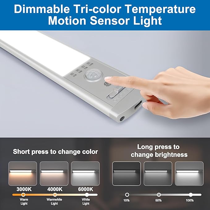 Under Cabinet Lighting, 4Pack Motion Sensor Light Indoor with 3 Color Temps, Rechargeable Under Counter Lights for Kitchen,Dimmable Closet Lights Battery Operated, 76 LED Motion Sensor Light Indoor