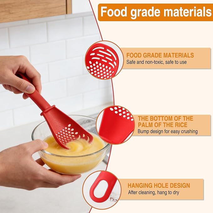 Multifunctional Kitchen Cooking Spoon, Upgraded Heat Resistant Kitchen Utensils Slotted Spoon, Food Grade Cooking Utensils for Cooking, Draining, Mashing, Grating, Separating (Black + Red + White)