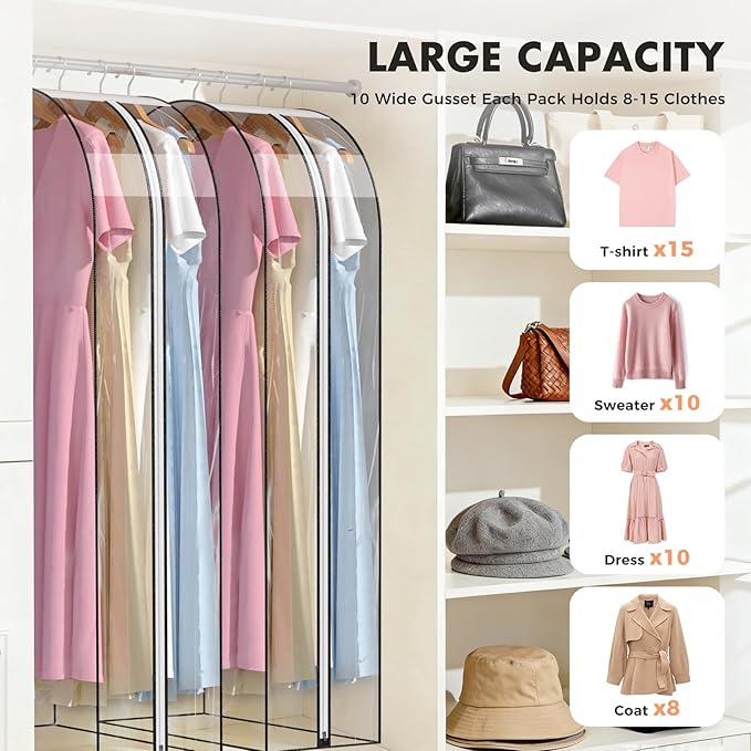 10" Gusseted All Clear Garment Bags for Hanging Clothes 4 Packs 60" Suit Bags for Closet Storage Hanging Clothes Storage Suit Cover for Shirts, Coats, Dresses
