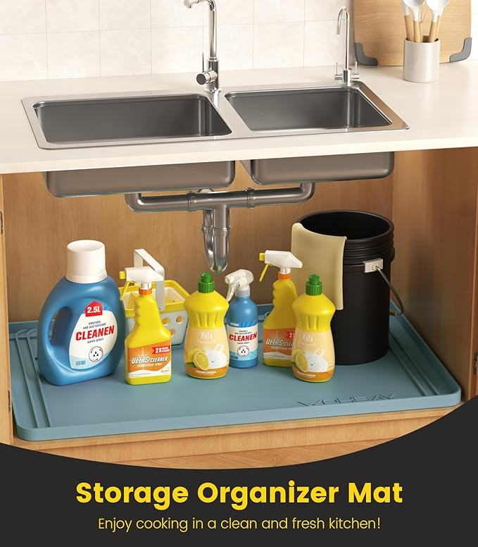 Under Sink Mats for Kitchen Waterproof, 34" X 22" Or Smaller Cut to Fit Under Sink Drip Tray for Kitchen Bathroom Cabinets, Silicone Sink Liner Hold Up to 3.3 Gallons Liquid - Teal
