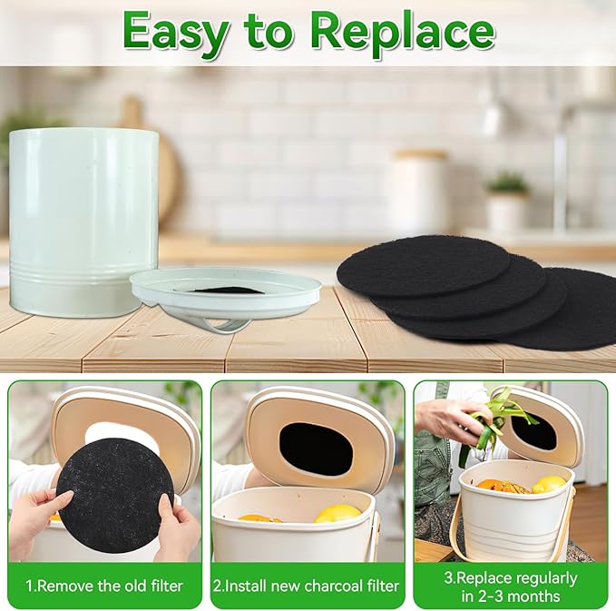 6 Pack Charcoal Filters for Compost Bucket, 6.7 Inch Compost Filters for Countertop Bin, Activated Carbon Replacement Filters for Kitchen Compost Bins, Home Bucket Compost Bin Refill, Round
