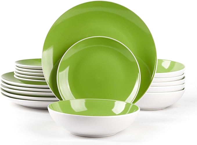 Stoneware Coupe Shape Dinnerware Set, Outside White + Inside Bamboo Color