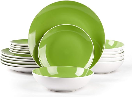 Stoneware Coupe Shape Dinnerware Set, Outside White + Inside Bamboo Color