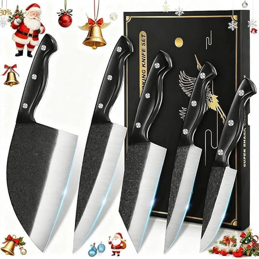 SSGP Butcher Knife Set of 5- Japanese Knife Set for Meat Cutting, Hand Forged Viking Knives Sets with Meat Cleaver, Heavy-Duty Kitchen Knives Sets for Bone BBQ Vegetable, Christmas Gifts for Men