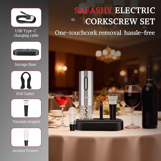 Stainless Steel Rechargeable Electric Wine Opener, 5 IN 1 Automatic Bottle Wine Corkscrew Kit with Foil Cutter, Decanter, Vacuum Stopper, Elegant Wine Gift Sets for Christmas, Date, Champagne