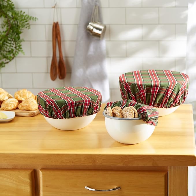 DII Reusable Cloth Bowl Cover Collection Machine Washable, Cotton with Elastic Stretch for Food Storage, 10.25"/8.25"/7.5" Diameter, O' Christmas Tree Plaid, 3 Piece