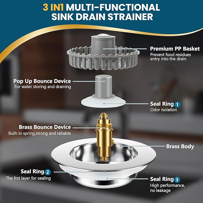 3 in 1 Kitchen Sink Strainer & Stopper, Pop Up Drain Plug for 3.5 Inch Sink – Anti-Clogging, Brass Core, Easy to Clean with Bonus Basket – Silver – DIKSEFN (Silver)
