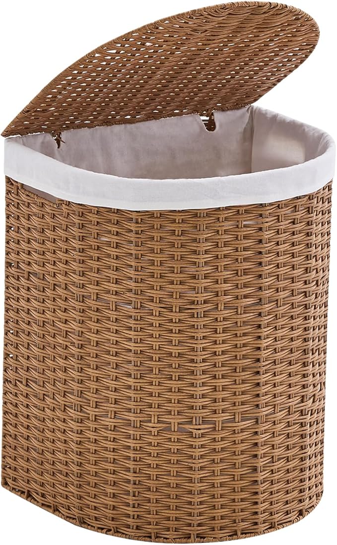 Wicker Half Moon Laundry Basket with Lid and 2 Replaceable Liner Bags, Handwoven Rattan Hamper for Dirty Clothes, Rattan, 90L