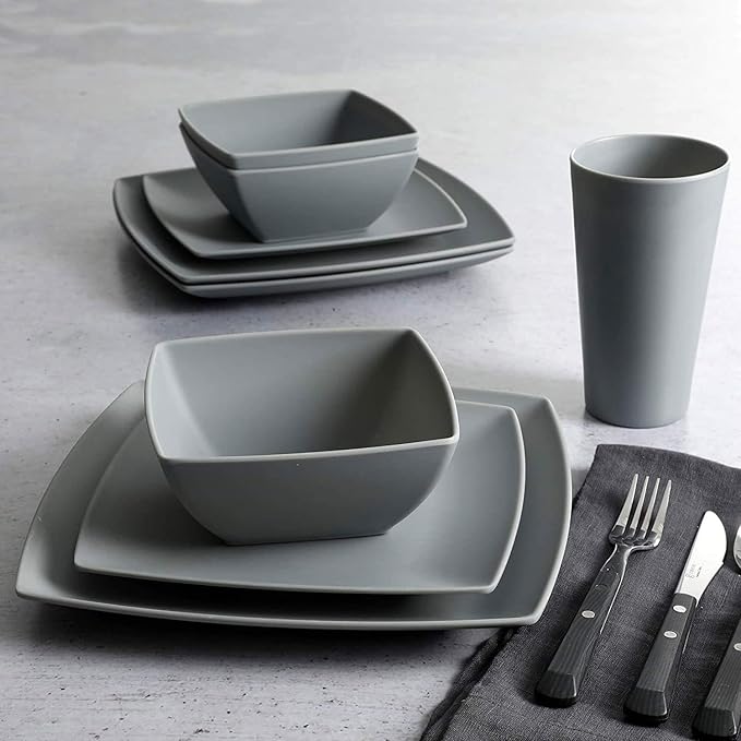 Gibson 99897.16R Home Soho Grayson Square Melamine Everyday 16 Pc Reactive Glaze Dinnerware Set Plates, Bowls, & Cups, Dishwasher Safe, Grey (4 Pack)