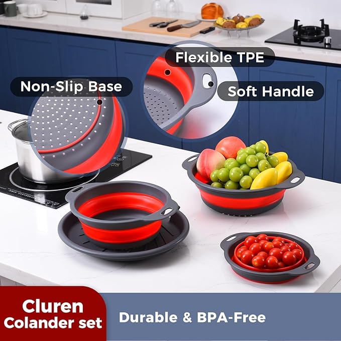 Collapsible Colander Set with Universal Draining Tray | 3-Pack Foldable Kitchen Strainers + Base | Space Saving for Pasta, Veggies, Fruit & Rice | 5 Colors (Gray-Red)