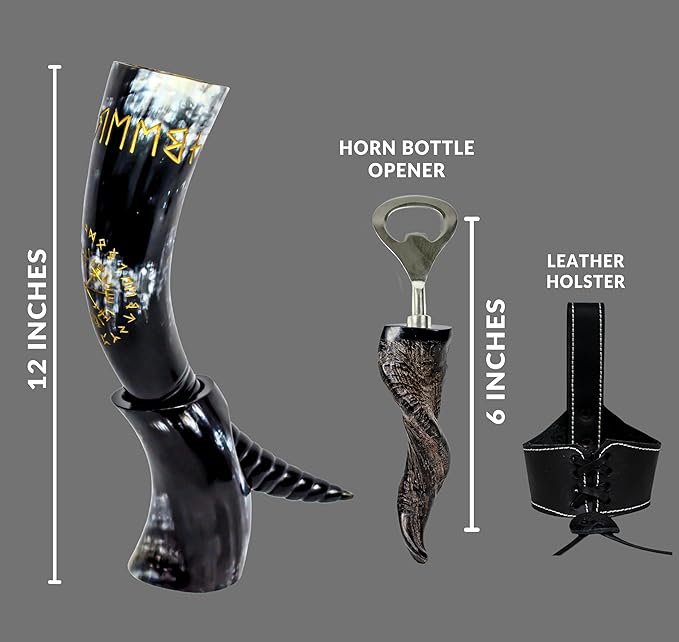 Genuine Ox-Horn Viking Drinking Horn Unique & Hand Crafted with Bottle Opener, Leather Holster Food Grade Tankard Cup for Drink Beer, Ale, Mead, Whiskey Gift For Men & Women…