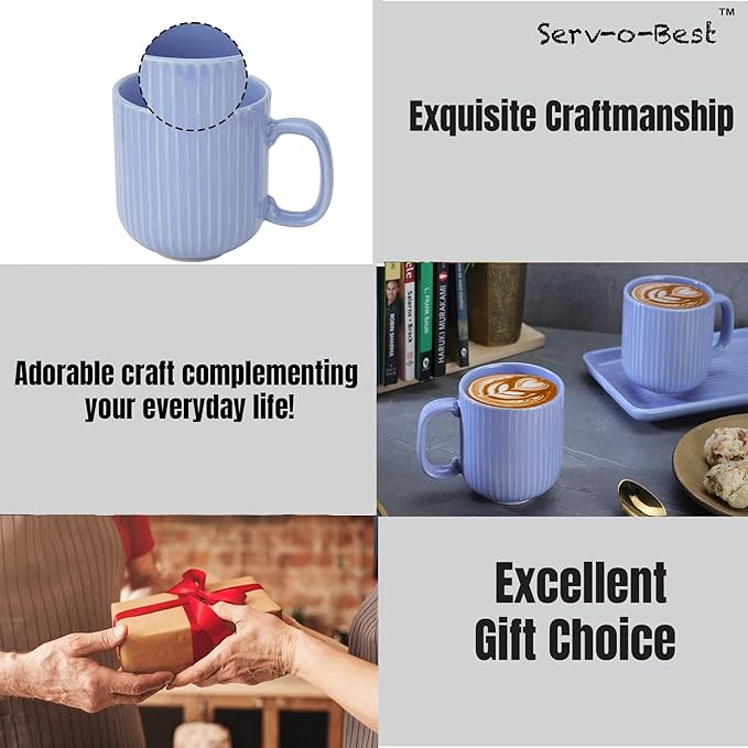 Ceramic Coffee Mugs with Handle Set – 2-Piece 11 Oz Ceramic Coffee Cups & 9" Tray, Handmade Cornflower Blue Color, Microwave Safe Gift Set for Tea Lovers, Home Kitchen Décor