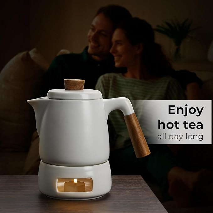 MIAMIO - Teapot Set with Warmer / 34 oz Tea Kettle with Infuser for Steeping Loose Tea Leaves - Gift for Women/Tea Lovers (White)