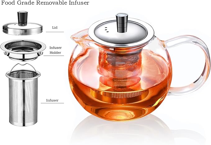 TMOST Glass Teapot with Removable Infuser, Stovetop Safe Tea Kettle blooming Loose Leaf Tea pot (43oz/1300ml)