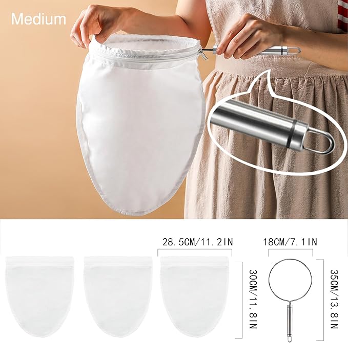 FATCAT Fine Mesh Cheese Cloth, Fine Mesh Strainer Bags, Nut Milk Bag with Stainless Steel Handle, Cheesecloth for Straining, Turkey, Cooking, Cheese, NutMilk, Juices, M