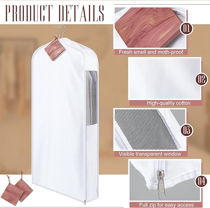 40" Cotton Garment Bag for Hanging and Storage Clothes with 4 Cedar Blocks for Fresh Smell and Moth Protection, Breathable Hanging Storage Bag for Suit Sweater Gown Fur Coat, 6'' Wide, White