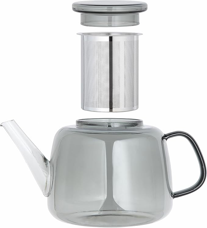 Easyworkz Borosilicate Glass Teapot 50oz with Large Stainless Steel Removable Loose Tea Infuser for Fruit Herbal and Infusion, Smoke Grey