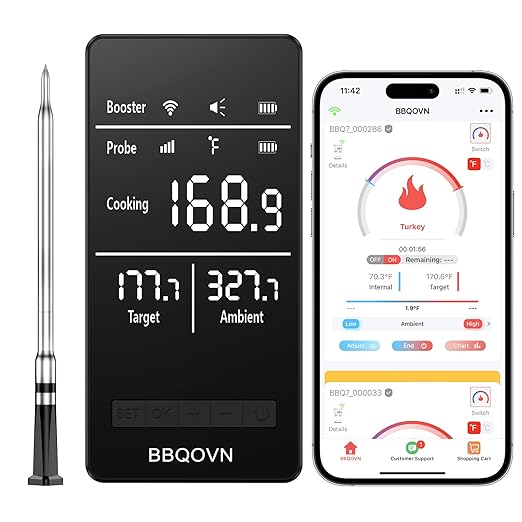 WiFi Sub-1G Wireless Meat Thermometer Unlimited Range 7 NIST Cert.Sensors IP68 With Ambient Temp Accuracy ±0.5°F APP&Magnet Smart Digital Base,Monitor for BBQ, Grill,Oven,Smoker(1,Black,Small)