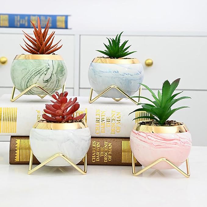 Simcat Succulent Pots with Drainage and Stands Mini Ceramic Flower Pot 4 Cactus Planter Pots Modern Round Succulent Plant Pots for Home Office Desktop Windowsill Décor (Patterned,4)