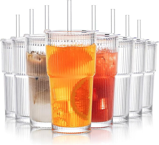 INSETLAN 8-Piece Glassware Set – 20 oz Ribbed Glass Tumblers with Lids and Glass Straws, Heavy-Duty Tumblers, Ideal for Iced Coffee, Smoothies, Cocktails, and Juices – Elegant and Durable Drinkware